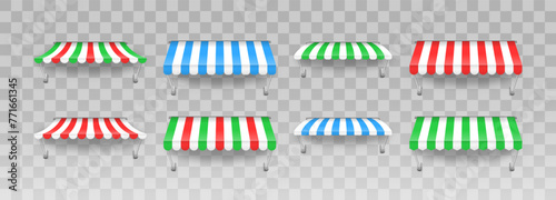 Awning umbrella for the market, striped summer scallop for shop vector illustration. Sunshade for restaurant. Outdoor striped awning canopy for cafe and shop window of different forms photo