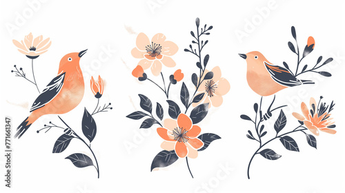 Pássaro laranja e flores da primavera - Ilustração fofa © Vitor