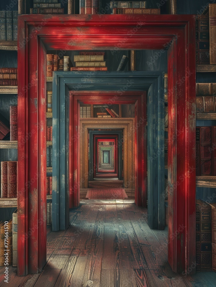 Fototapeta premium Discover diverse worlds within different book genres through a series of uniquely styled doors on a luminous hallway, endless reading adventures await.