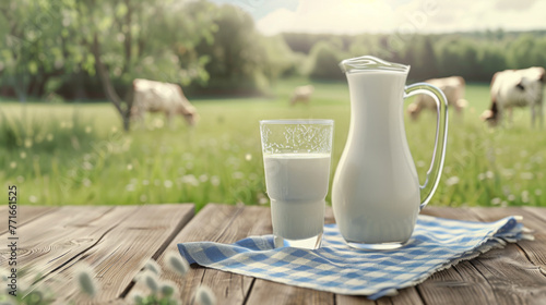 A pitcher and a glass of milk on a wooden table with a cow in the background during sunrise.