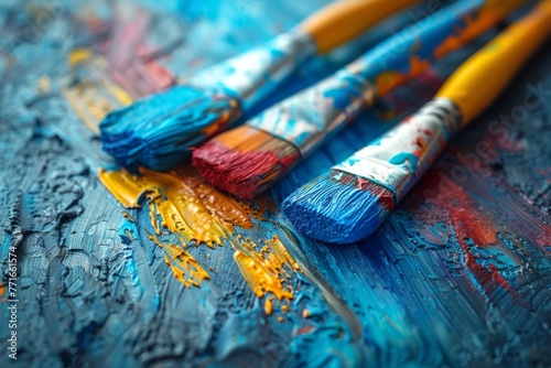 A close-up shot of paintbrushes coated in bright blue and orange paint