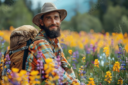 Smiling male hiker with a beard and hat surrounded by colorful wildflowers in nature