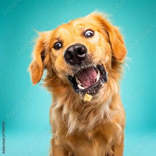  Beautiful golden retriever dog isolated on turquoise background. looking at camera . front view. dog studio portrait.happy dog .dog isolated .puppy isolated .puppy closeup face,indoors.turquoise bac