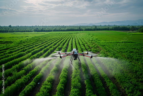 The drone sprays the plants in the field photo