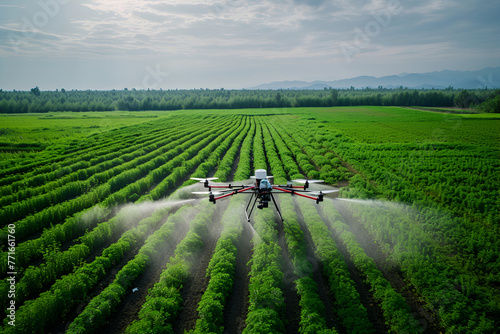 The drone sprays the plants in the field