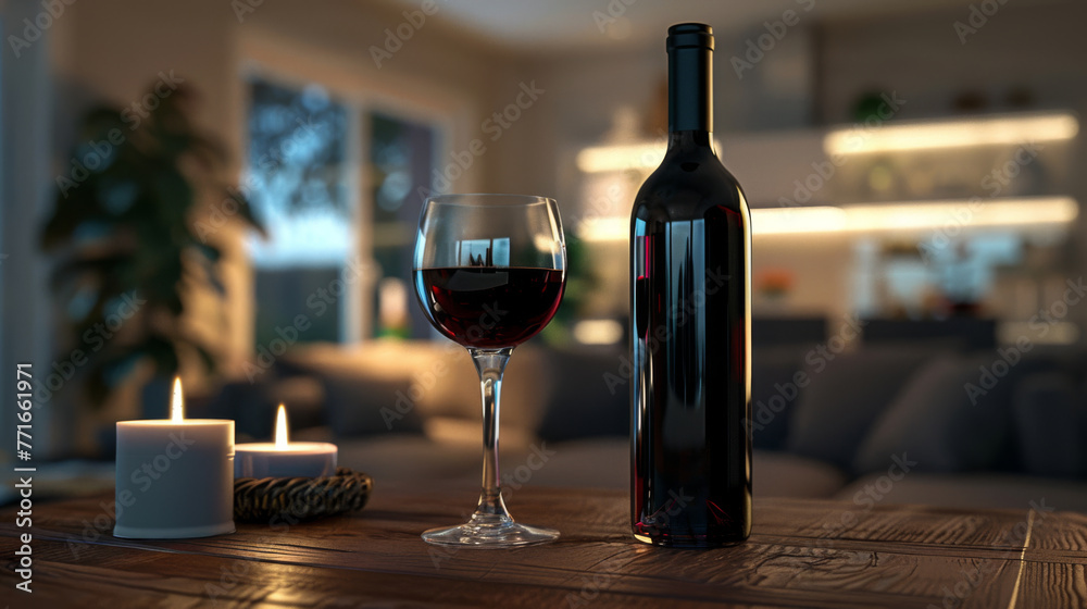 A full glass of red wine sits beside a bottle and lit candles on a wooden table in a home setting.