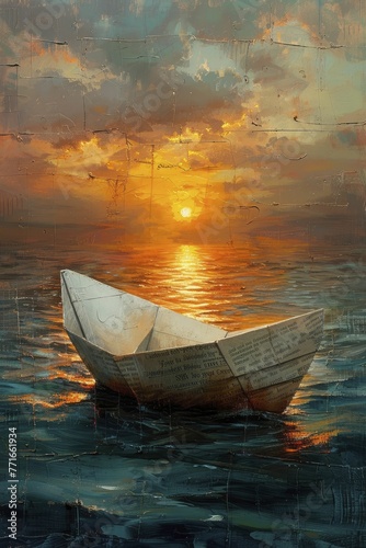 The paper boat gracefully navigates through a vast sea of words  carrying the tale on a backdrop of fading hues.