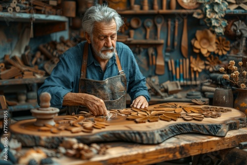 Skilled elderly carpenter concentrating on carving intricate designs on wood