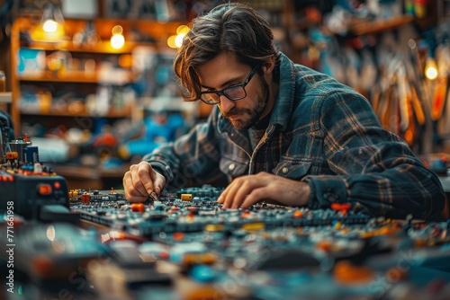 A detailed image capturing a man focused on repairing a circuit board amidst a workshop environment