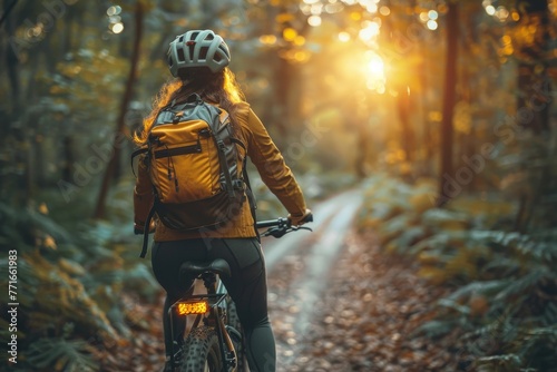 A dedicated cyclist on a forest path, with the golden sun filtering through the trees