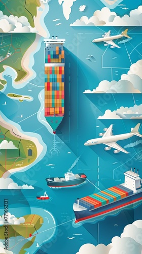 Freight transport, cargo transportation of goods by sea, rail, land and air, transportation and logistics illustration