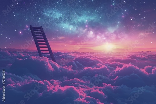 A ladder ascends to the starry night, embodying aspirations and dreams against a serene backdrop. photo