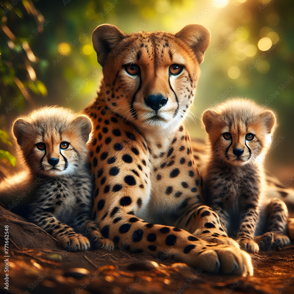 A mother cheetah with her two beautiful cubs, lying down with nature in the background. A mother cheetah with her two beautiful cubs, lying down with nature in the background.