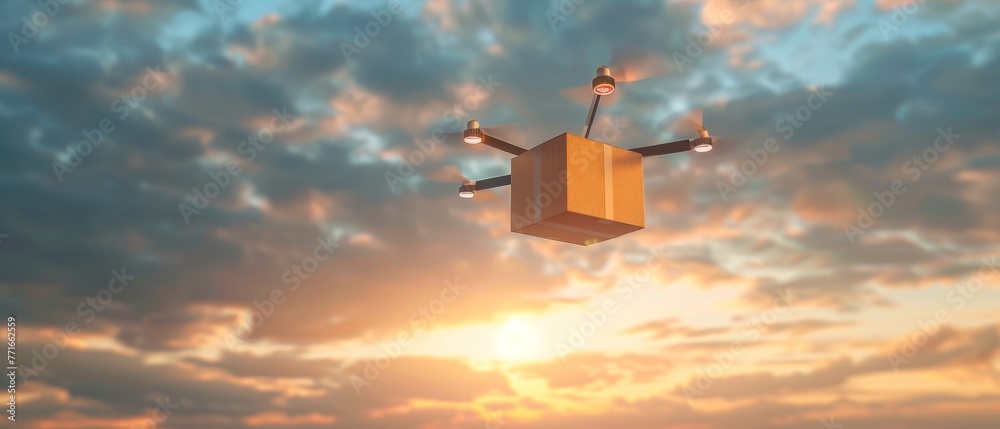 Drone carrying a package against a beautiful sunset sky, showcasing modern delivery technology.