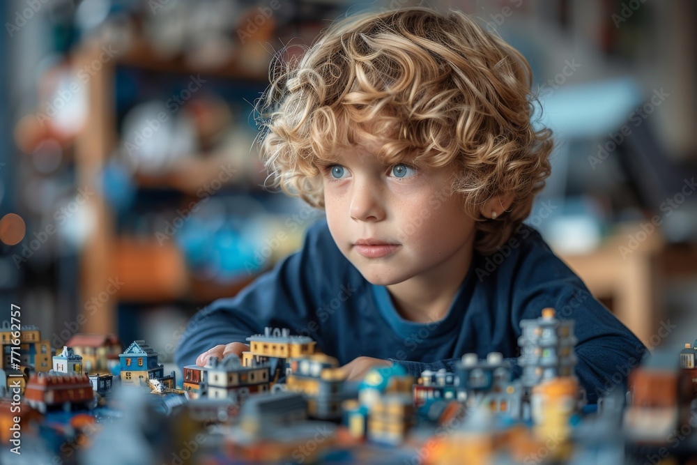 A young boy with curly blonde hair intently plays with a model town setup