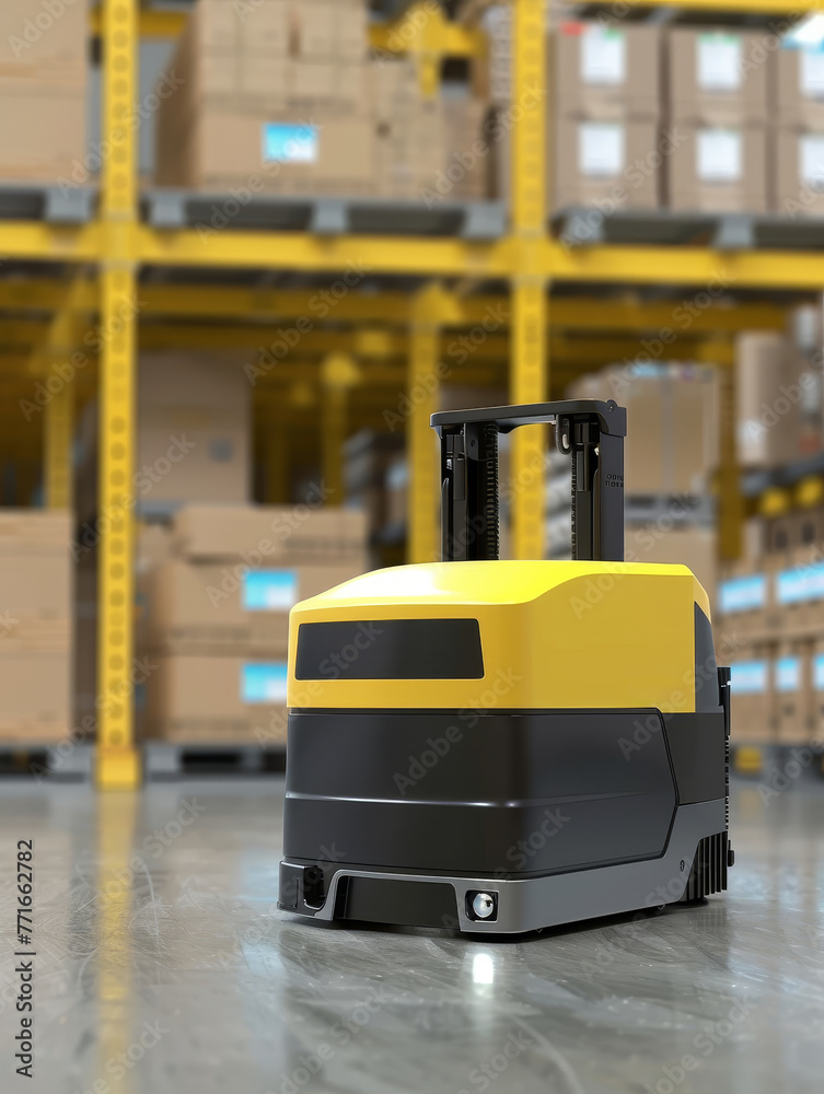 In a modern logistics warehouse, an autonomous delivery robot equipped with a package navigates a designated path, signaling a shift towards smart warehousing. In a modern logistics warehouse, an autonomous delivery robot equipped with a package navigates a designated path, signaling a shift towards smart warehousing.