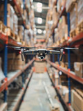 A delivery drone with red navigation lights is captured mid-flight in a warehouse, representing the integration of drones in commercial logistics.