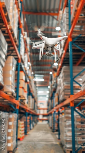 A high-tech drone hovers inside a warehouse, illuminating the path with blue lights, indicative of modern security and inventory monitoring systems.