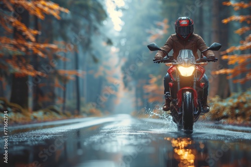 A motorcyclist in gear riding down a wet, misty forest road, with autumn leaves and dynamic lighting