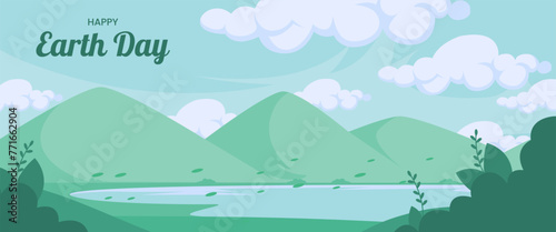 happy earth day banner template design with vector illustration of green nature with blue sky