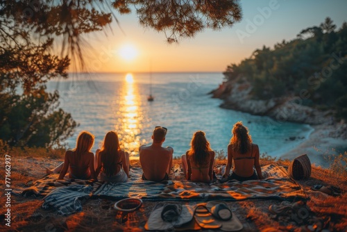 Back view of friends sitting together on a beach at sunset, enjoying a peaceful vacation moment