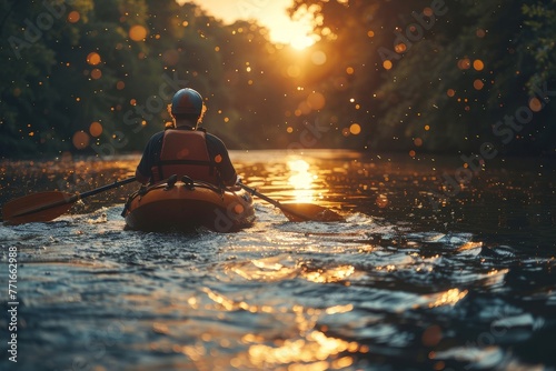 A kayaker navigates through calm waters as the sunset creates a reflective golden path on the surface showcasing nature's serenity