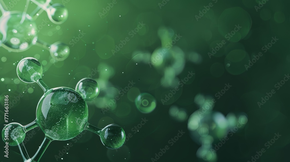 Molecular structure and floating bubbles on a green bokeh background. Scientific concept with space for text