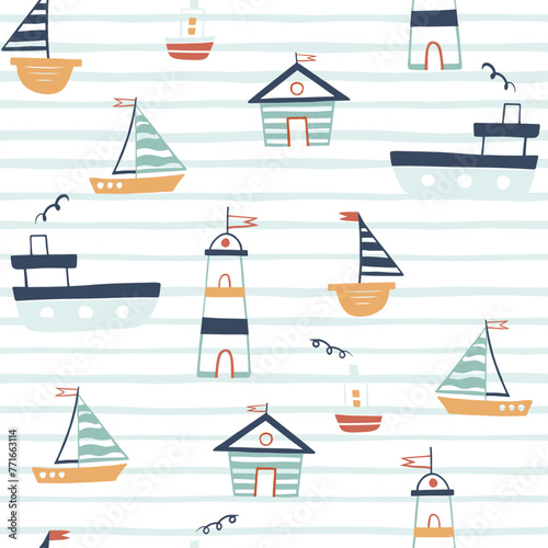 Marine seamless pattern with cartoon boats, lighthouse on strip background.