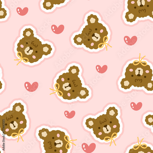 cute hand drawn brown teddy bear face with yellow bowtie on a pink background with herts  kawaii elements, kids seamless pattern for wrapping paper or textile