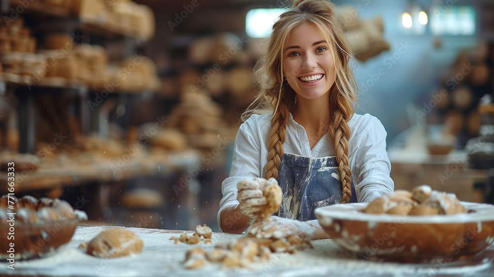 Smiling female baker kneading dough in a rustic bakery with shelves of bread in the background.