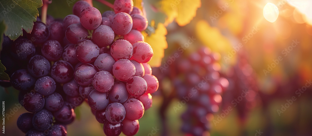 Ripe blue red grape clusters on the vine close up. Vineyard on background. Ripe blue red grape clusters on the vine close up. Vineyard on background.