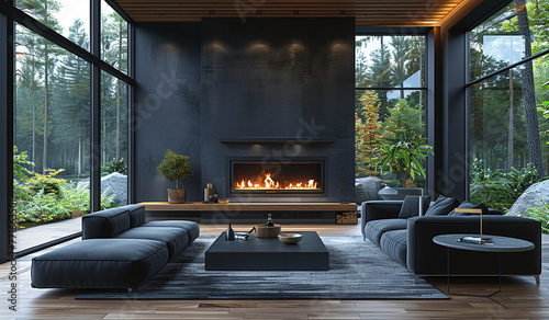 Modern living room with large windows, fireplace, and forest view. photo