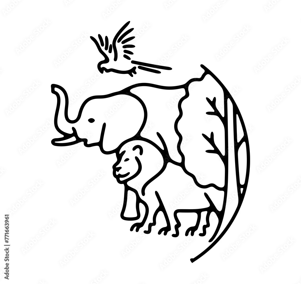 Lion, elephant, macaw parrot, tree and plant, bird and animals. Ecosystem, environment, environmental, biodiversity and diversity, illustration Lion, elephant, macaw parrot, tree and plant, bird and animals. Ecosystem, environment, environmental, biodiversity and diversity, illustration