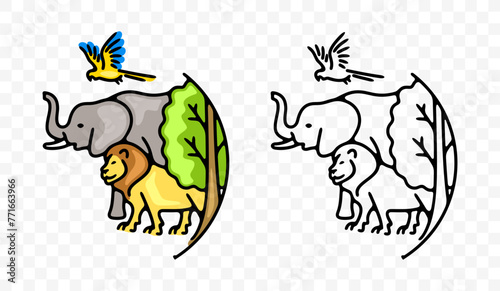 Lion, elephant, macaw parrot, tree and plant, bird and animals, graphic design. Ecosystem, environment, environmental, biodiversity and diversity, vector design and illustration