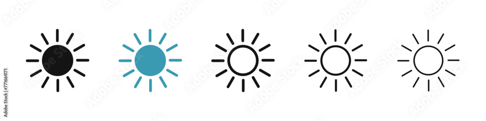 Sun Line Icon Set for UI Designs. Bright Sun Ray Vector Icon. Sunshine Sign for UI Designs. Sunny Day Vector Icon.