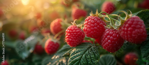 Ripe juicy raspberries in the garden close up. Healthy food  sweet dessert. Red berries.