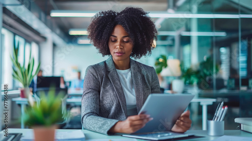 Professional woman using tablet in office. Modern corporate environment with natural lighting. Technology and business workflow concept