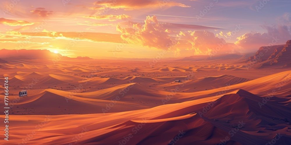 The sun dips below the horizon, casting a warm golden glow over the smooth, windswept sand dunes of a vast and majestic desert landscape. The sun sets over a vast desert. Resplendent.