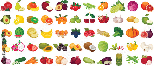 Set of berries and fruits, vegetables on a white background. Vector icon	
