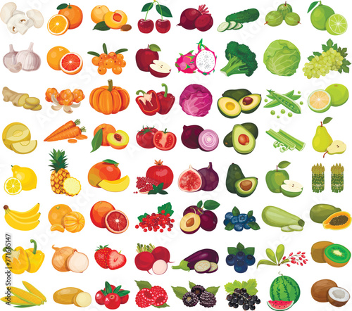 Set of berries and fruits, vegetables on a white background. Vector icon	
