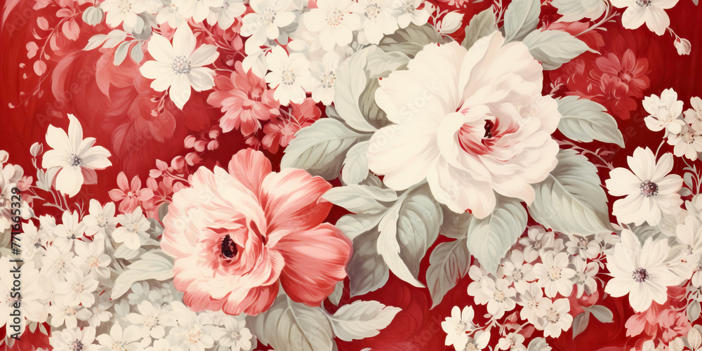 White floral pattern on a red background, textured fabric, wallpaper - obrazy, fototapety, plakaty 