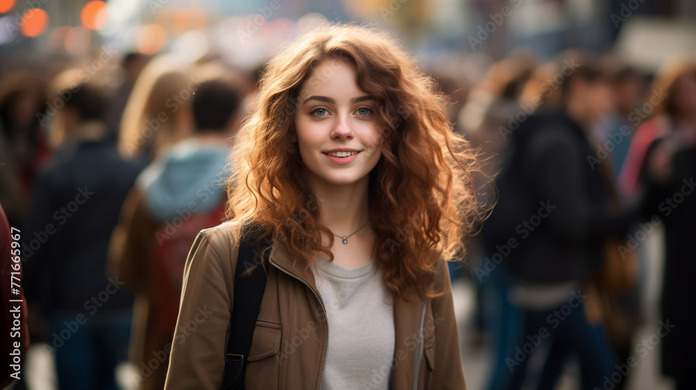 Fototapeta premium A young brunette backpacker girl walking in the busy crowd