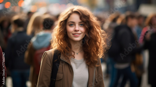 A young brunette backpacker girl walking in the busy crowd