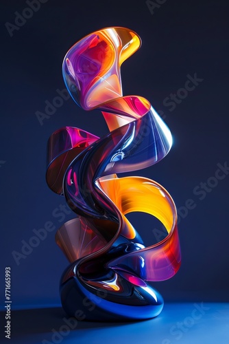 A 3D abstract composition of colorful, flowing lines and glossy vibrant shapes in the style of Melanie Delon work. The background is a dark cobalt blue  photo