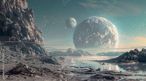 An alien planet can be viewed with its own moon as the backdrop. Sci-fi idea, imagination. 3D image