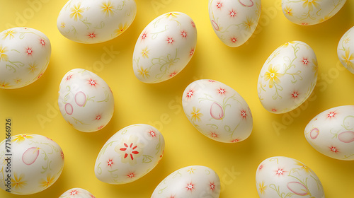Seamless background of the beautiful decorated white easter eggs on yellow background
