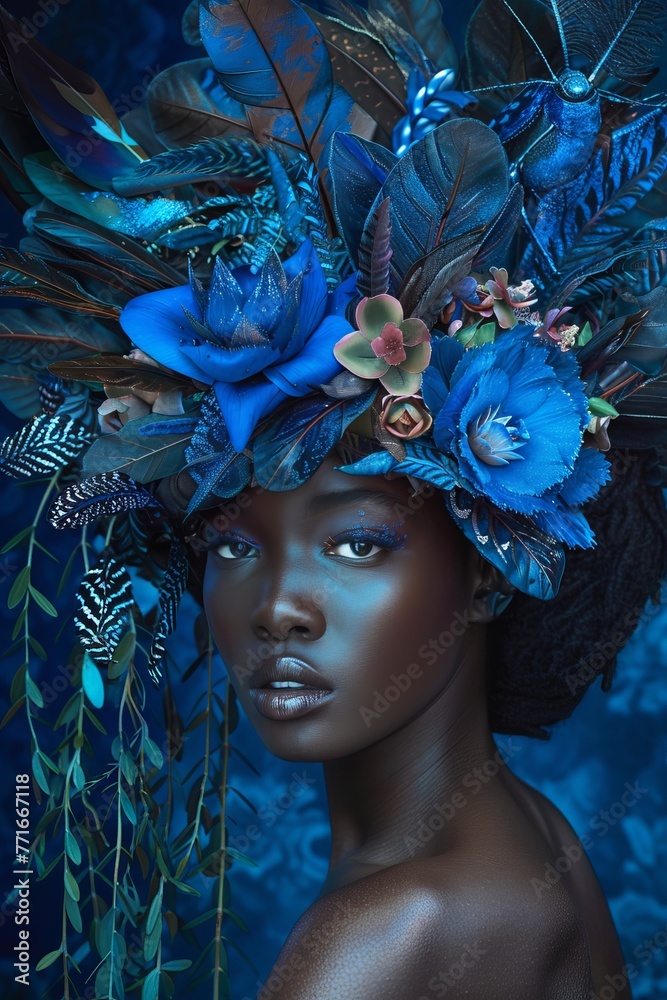 Φωτογραφία a pretty black woman wearing floral decorations on her head, in the style of fut