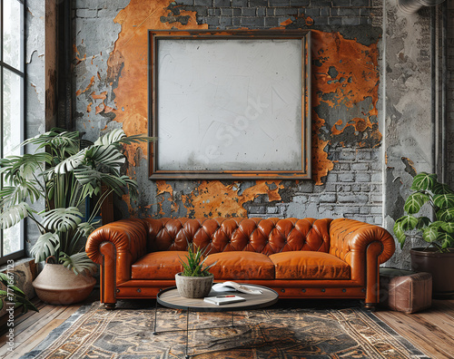 Vintage styled living room with leather sofa, empty frame on distressed wall, and indoor plants.