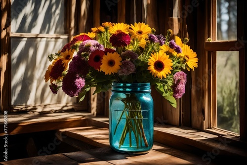 An image of a sunlit farmhouse windowsill featuring a mixed-flower bouquet in a vintage mason jar vase 