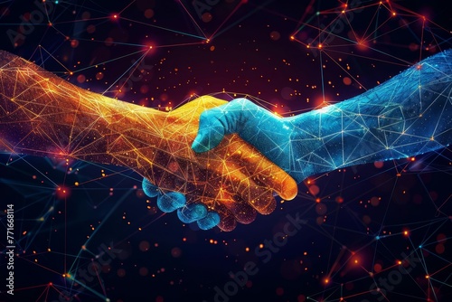 Crypto handshake symbolizing financial prosperity and technology, abstract digital art illustration photo